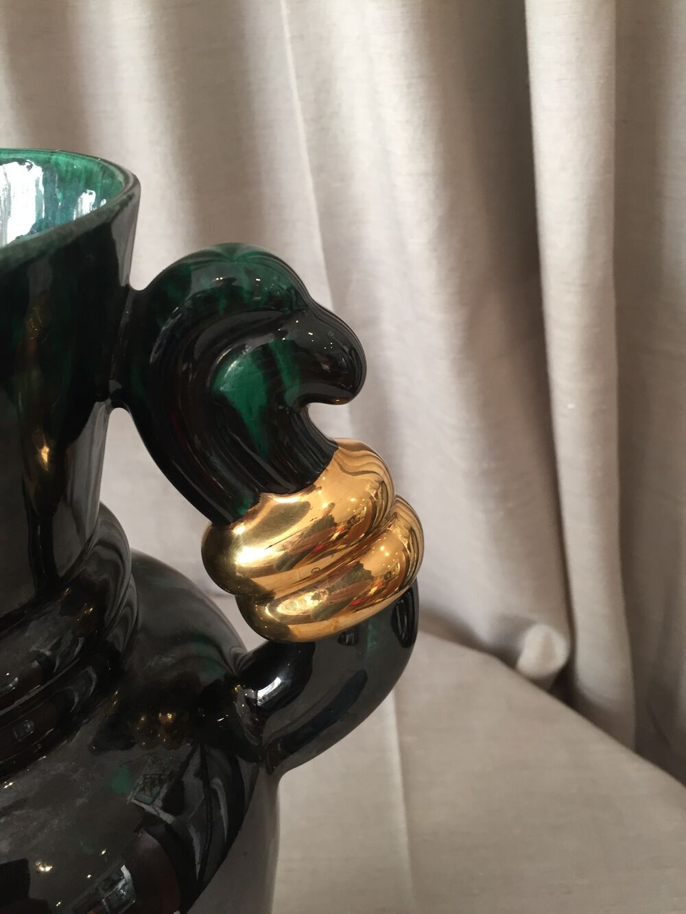 Vase in light green and dark ceramic and golden years 1950