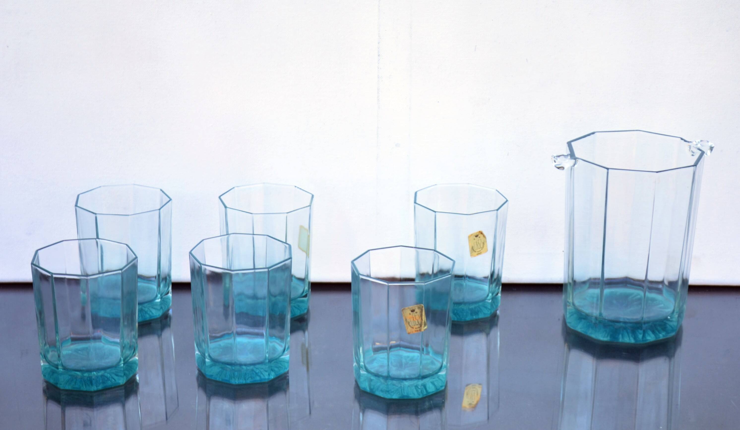 Mid Century Italy Frangar Non Flectar Whiskey Set of Blue Glasses With Ice Bucket and Fork Tongs