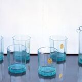 Mid Century Italy Frangar Non Flectar Whiskey Set of Blue Glasses With Ice Bucket and Fork Tongs