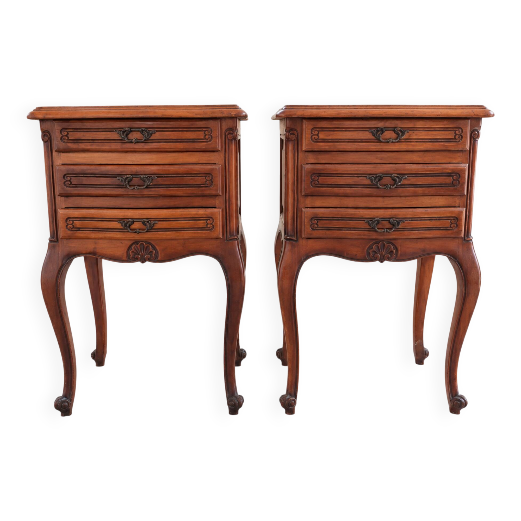 Pair of cherry wood bedside tables in Louis XV style with 3 drawers.