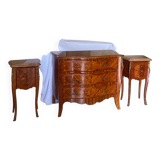 Commode marquetterie and its two bedside tables marble and bronze