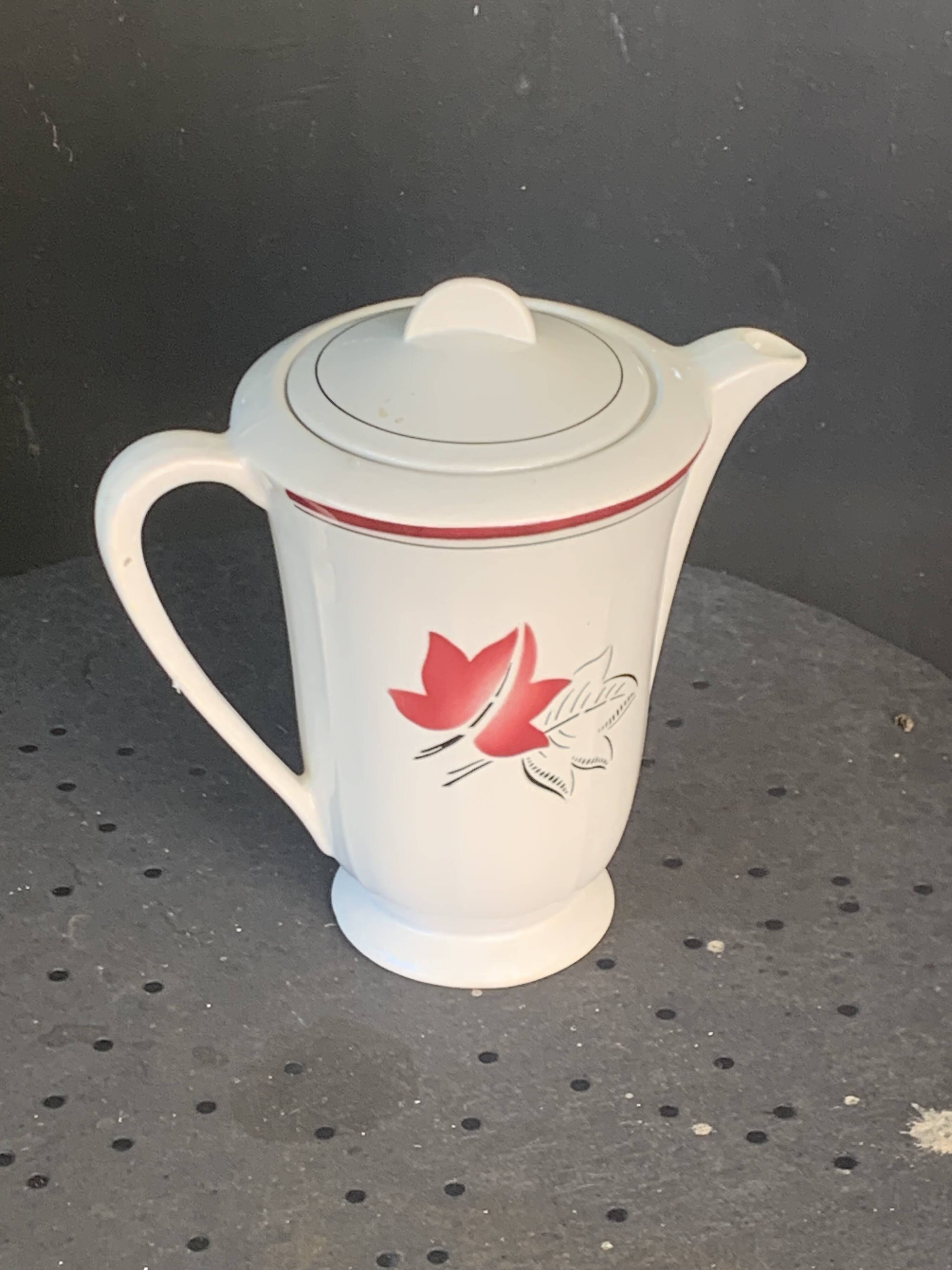 White earthenware coffee pot with red leaf decoration, art deco