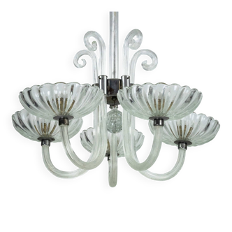 Rare Art Deco Italian Five-Arm Murano Glass Chandelier attributed to Seguso