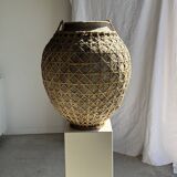 Immense light grey antique-style pot with a crosshatch lid and handles.