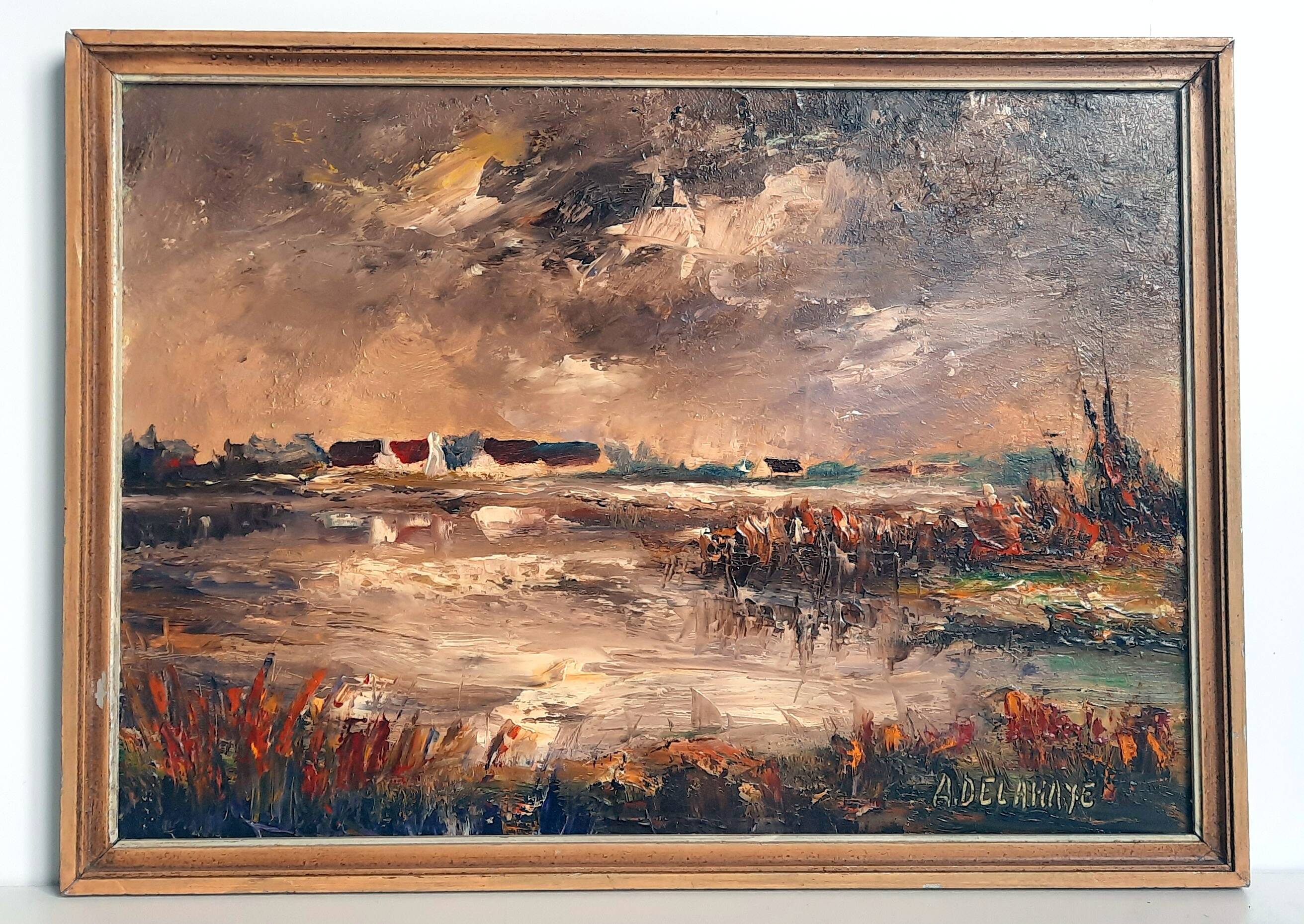 Oil painting on wood - A. Delahaye - Aspect of rural France - Hand signed and on the back - 1930