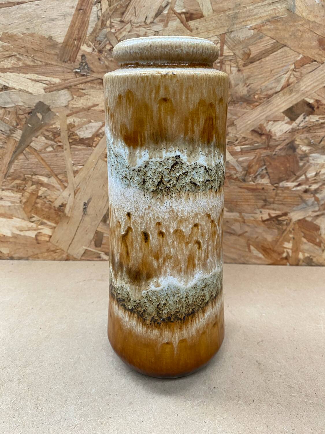 Antique ceramic roller vase beige brown west germany vintage
