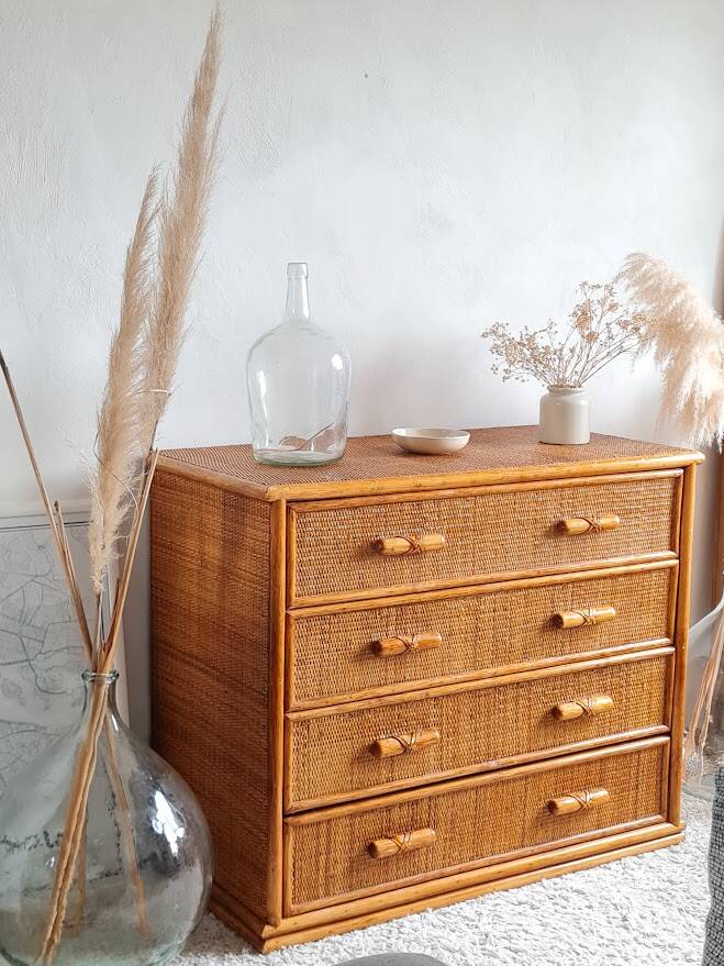 Vintage rattan chest of drawers circa 70s