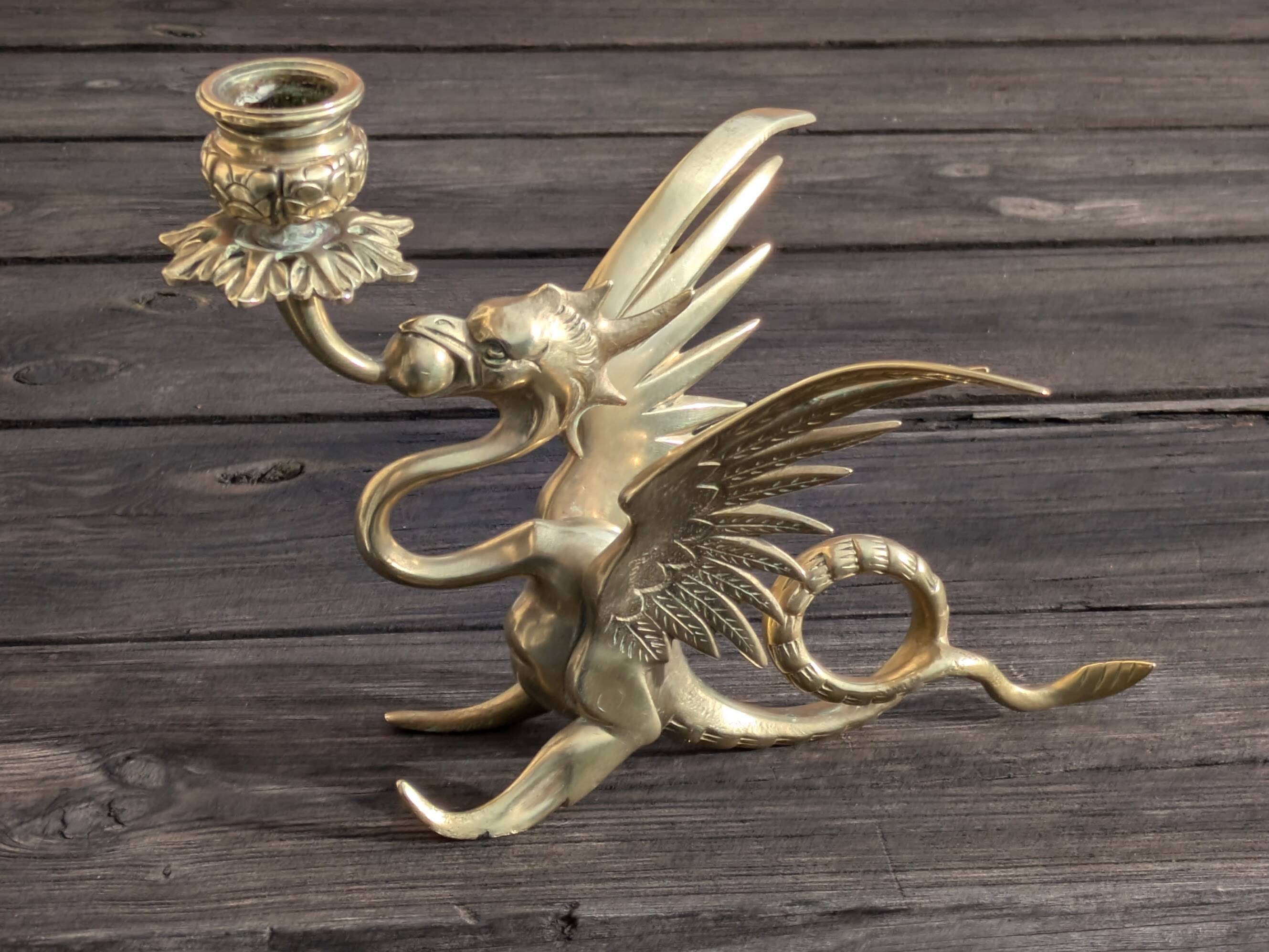 Large Brass Candlestick - Mythological Winged Griffin Dragon - Gothic