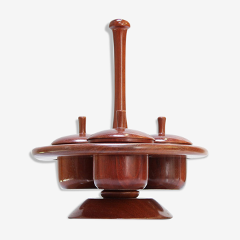 Vintage teak wooden tiered appetizer snack tray serving holder bowls