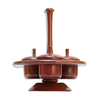 Vintage teak wooden tiered appetizer snack tray serving holder bowls