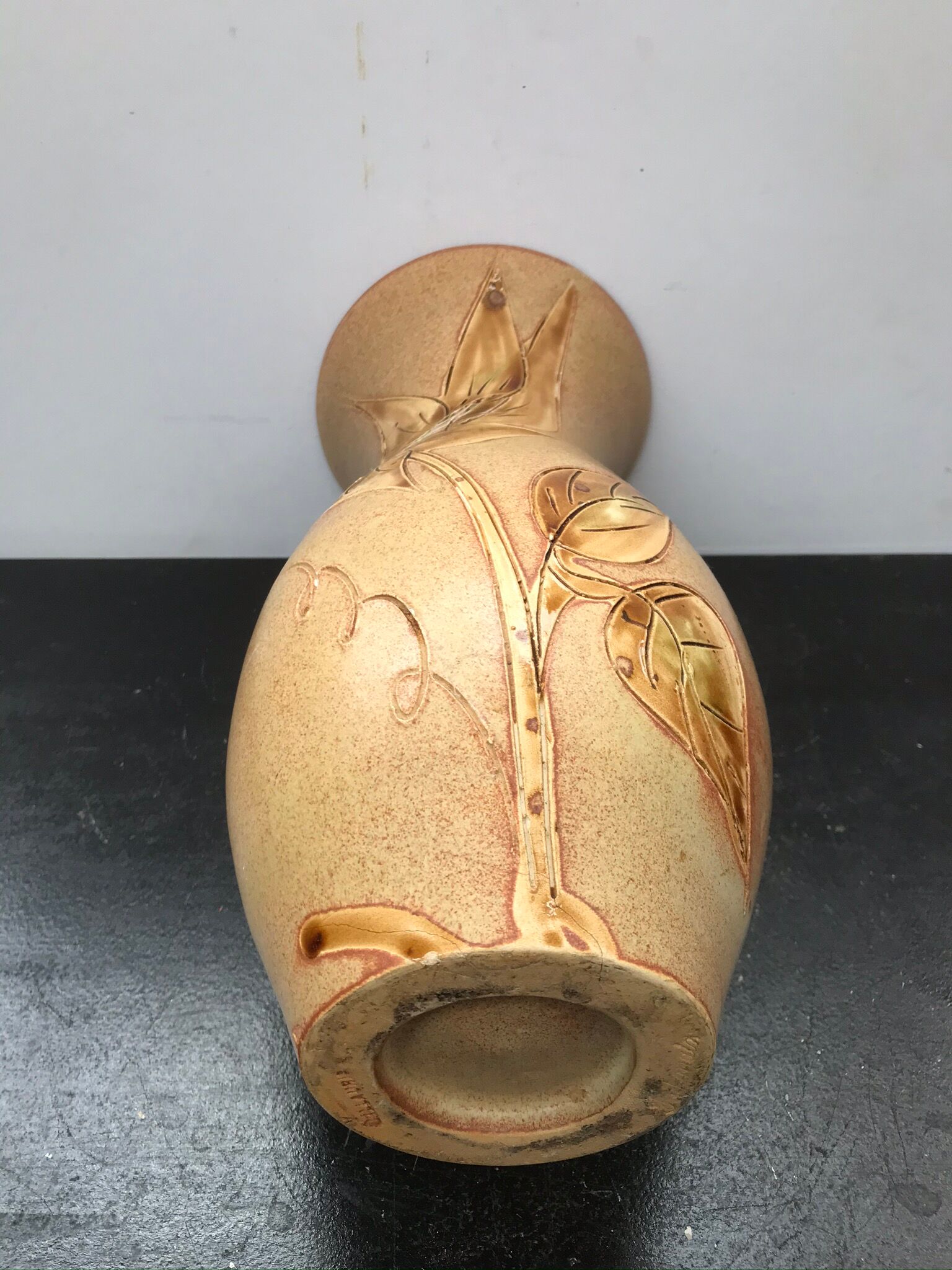 Old vase Vallauris ceramics beige decor vintage chiseled flowers