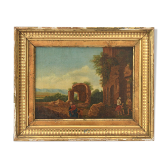 Oil on canvas scene in the ruins