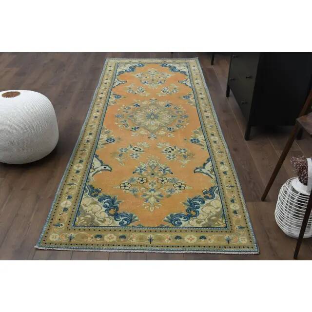 1970s Vintage Turkish Oushak Handmade Wool Cotton Orange Runner Rug 117x312