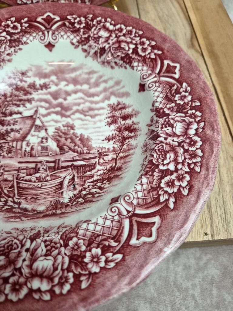 2 vintage deep plates in red Toile de Jouy by Grindley Homeland Staffordshire England.