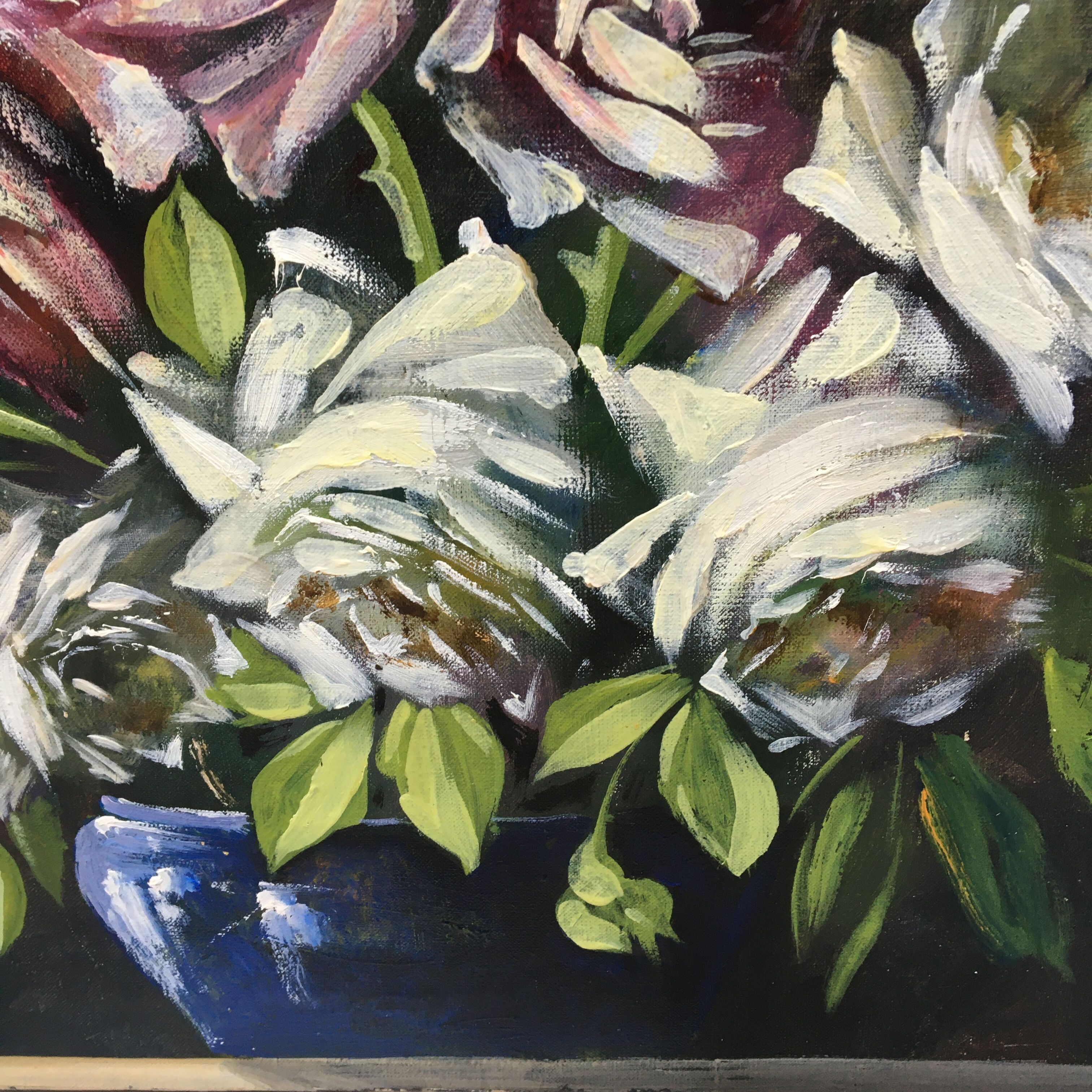 Huile sur toile nature morte roses et arums