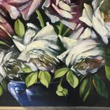 Oil on canvas still life roses and arums