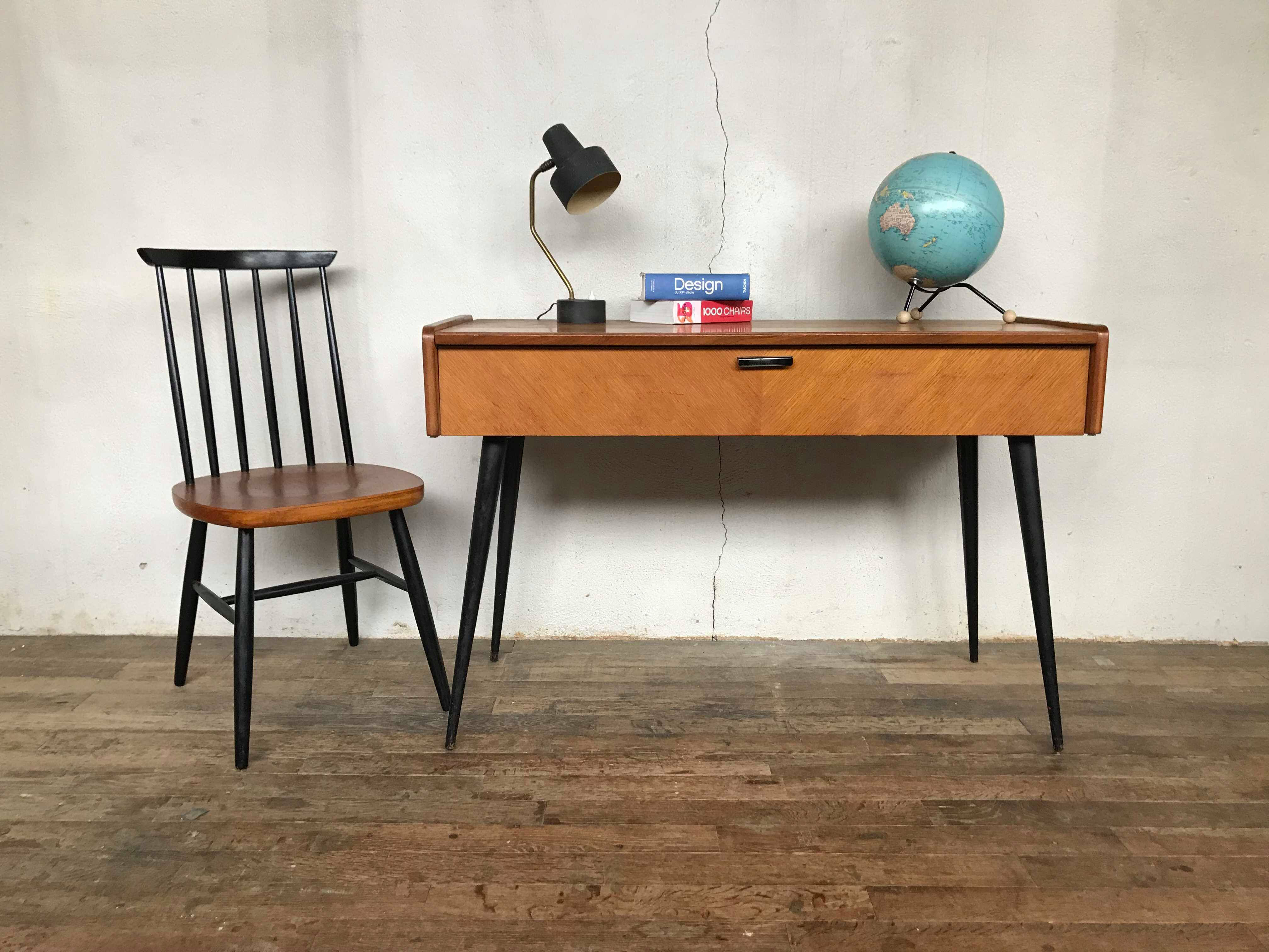 Bureau tricoteuse en teck vintage pieds compas fuseaux noir 1950 1960 style scandinave