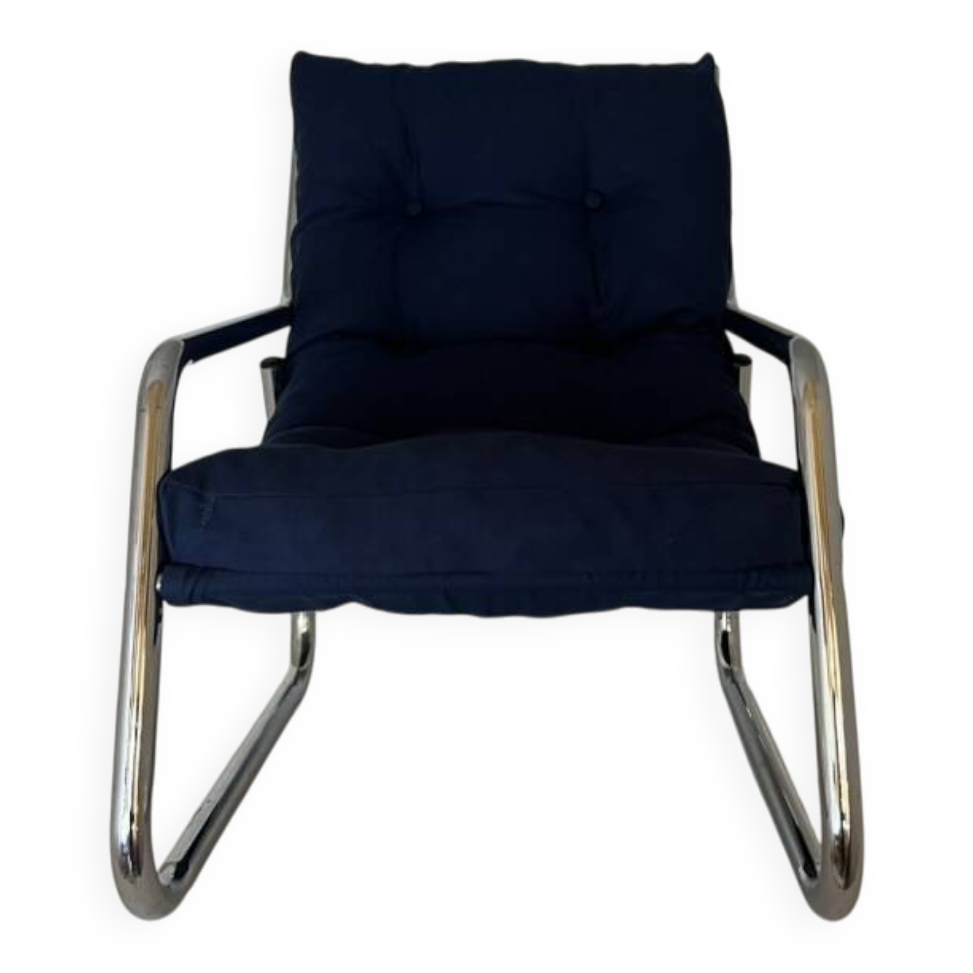 Fauteuil tubulaire chromé bleu années 70 Space Age