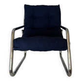 Fauteuil tubulaire chromé bleu années 70 Space Age
