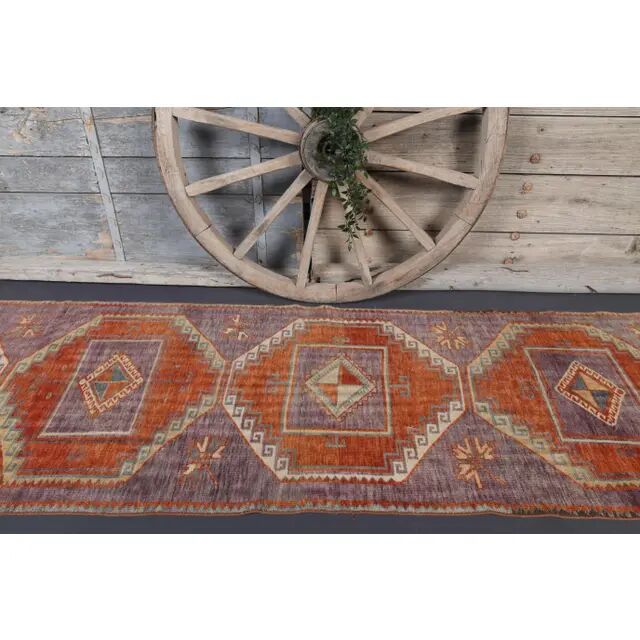 1970s Vintage Turkish Oushak Diamond Wool Runner 90x351
