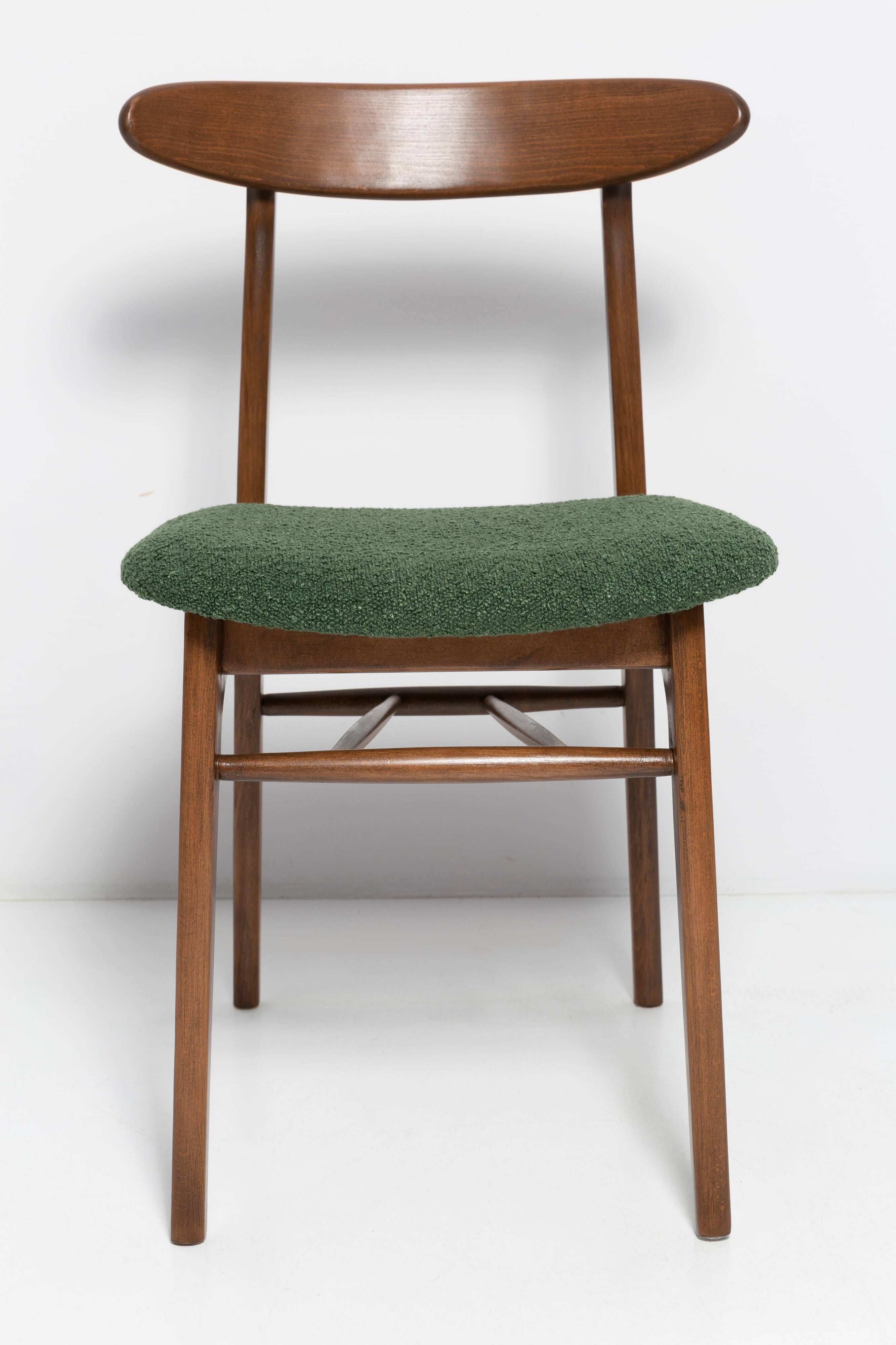 Mid Century Chair in Green Bouclé, Walnut Wood, Rajmund Halas, Poland, 1960s