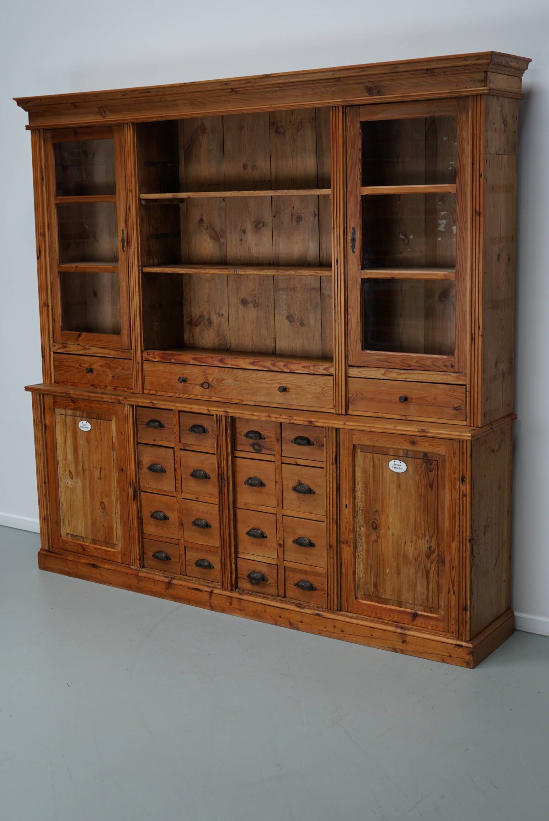 Large Antique German Pine Apothecary Cabinet / Vitrine early 20th Century