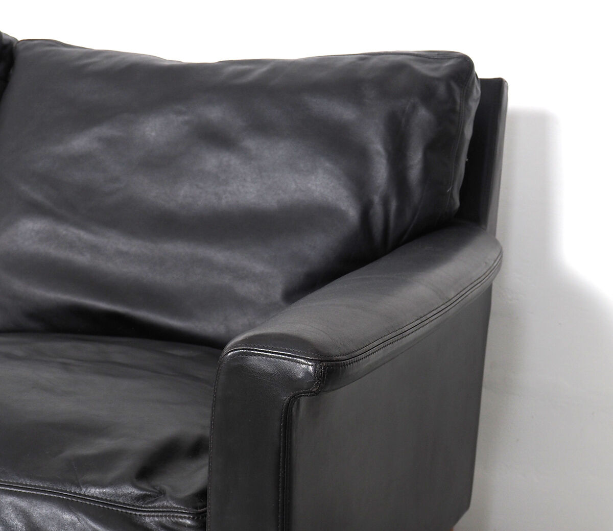 Danish design black leather and teak 3 seater sofa, 1960s