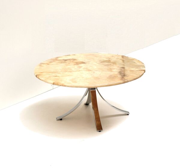 Table basse ronde en onyx et métal chromé, années 70