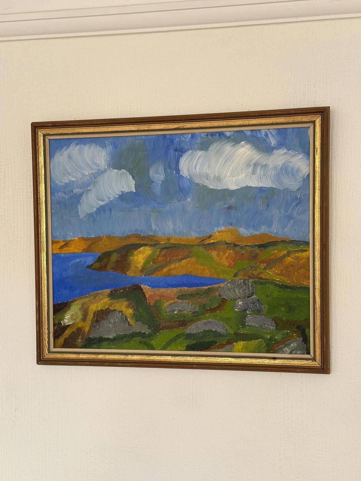 Original suédois du milieu du siècle huile sur panneau – "Paysage côtier" – Vintage et encadré