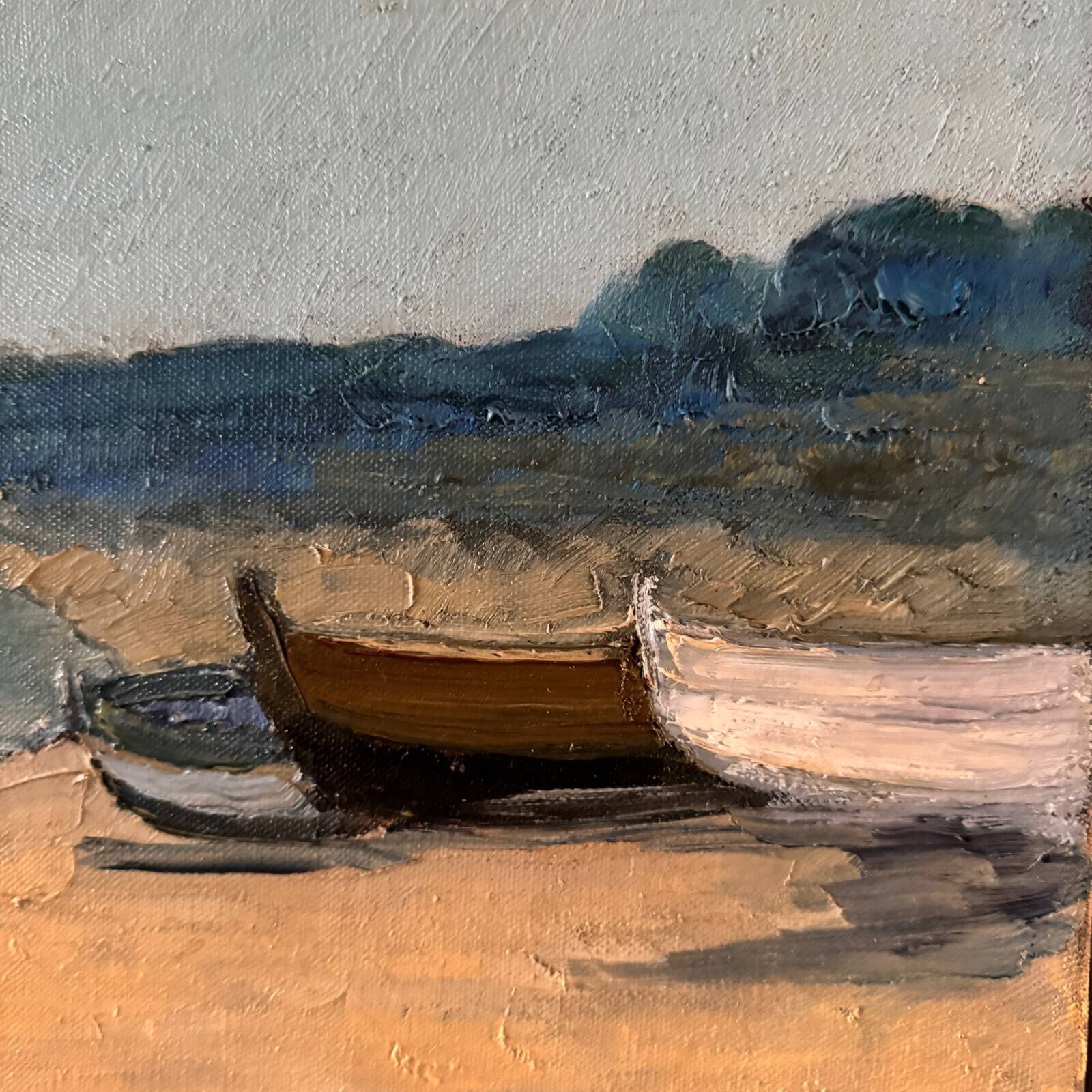 Oil on canvas 20th century beach and fishing boats by G. Carlos