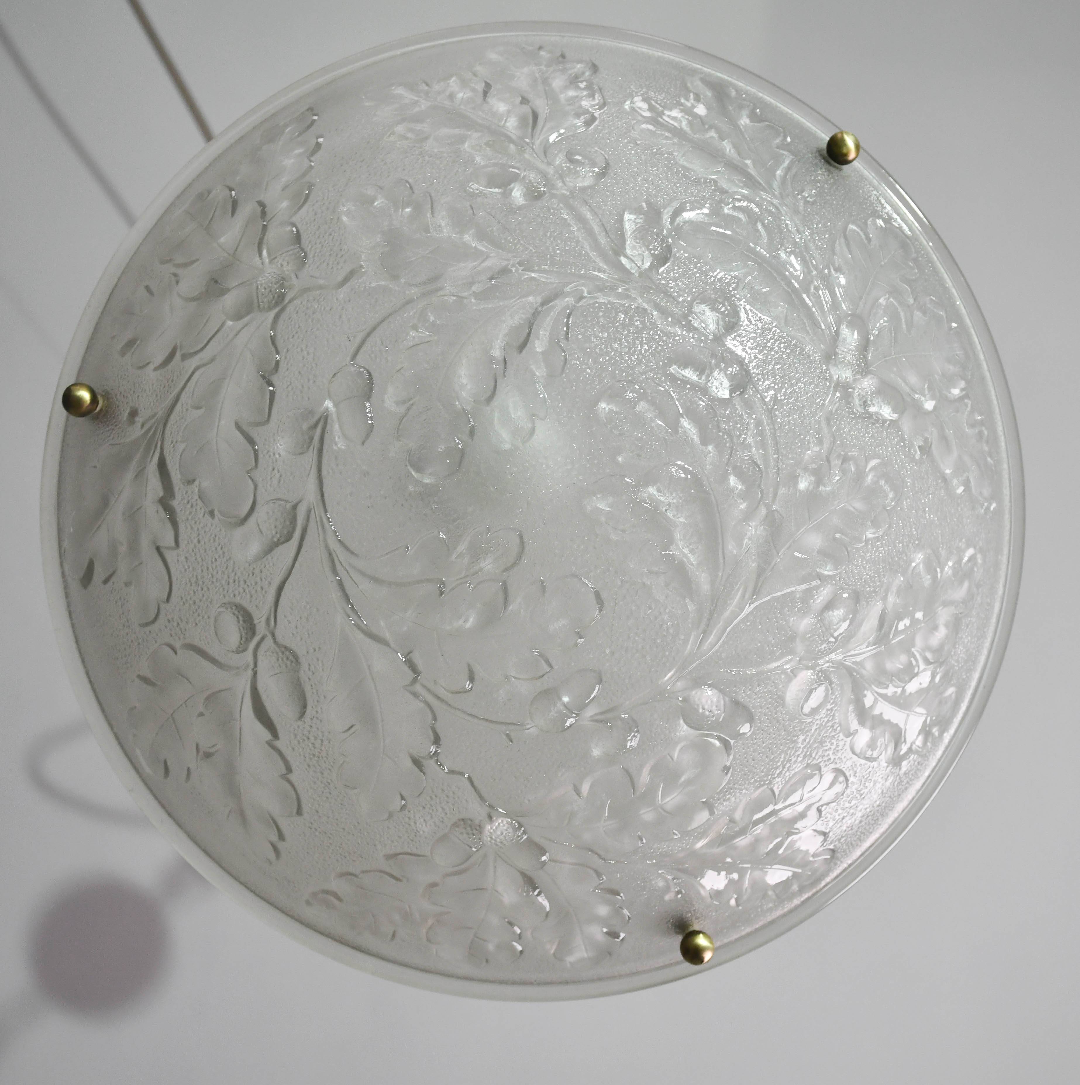French Art Deco glass bowl pendant chandelier with floral pattern, 1950