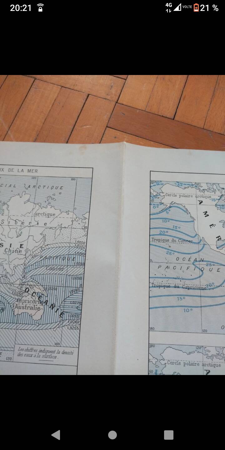Old geographical map seas currents isobars isotherms Larousse