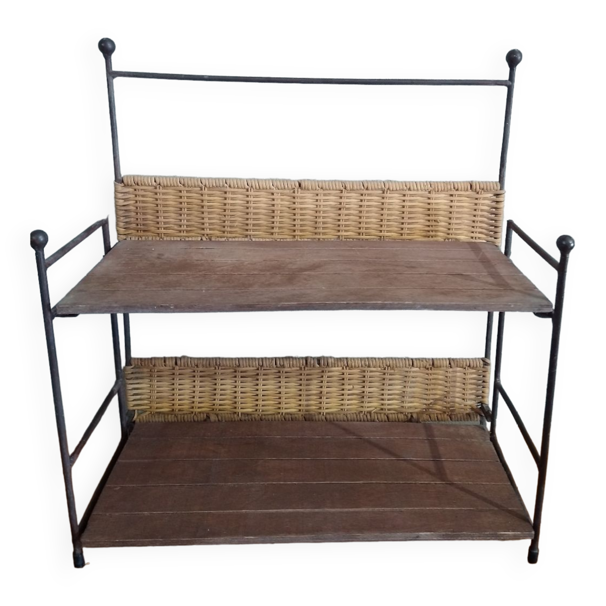 Shelf in metal wood and vintage rattan