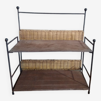 Shelf in metal wood and vintage rattan