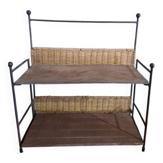 Shelf in metal wood and vintage rattan
