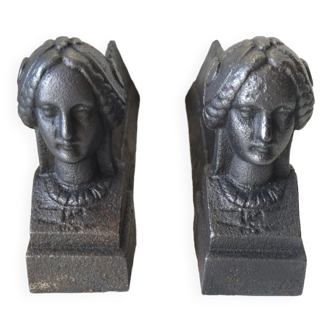Cast iron woman's head andirons, late 19th century