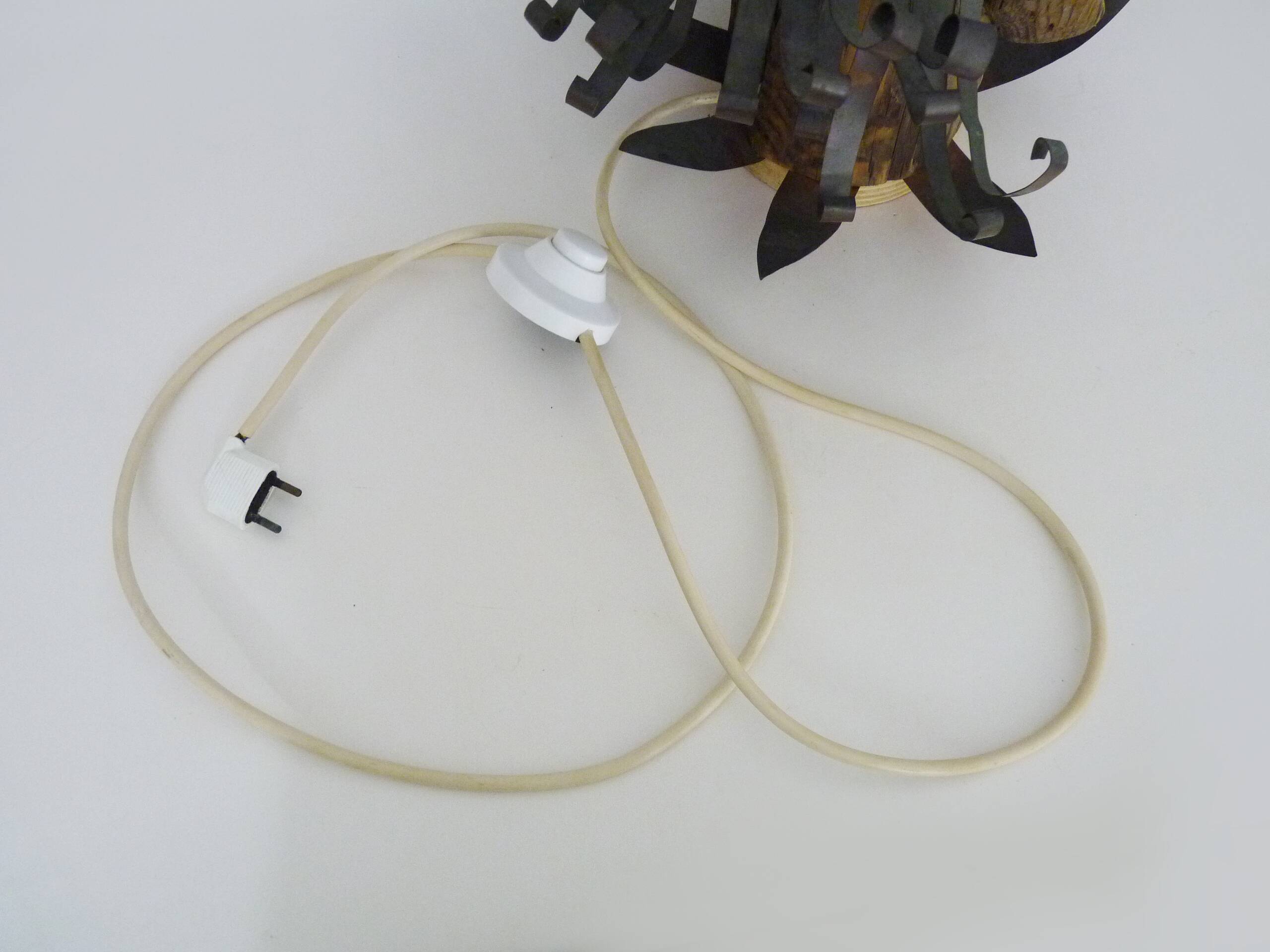 Unique piece. Wooden lamp and metal hair with devil's head "self-portrait"