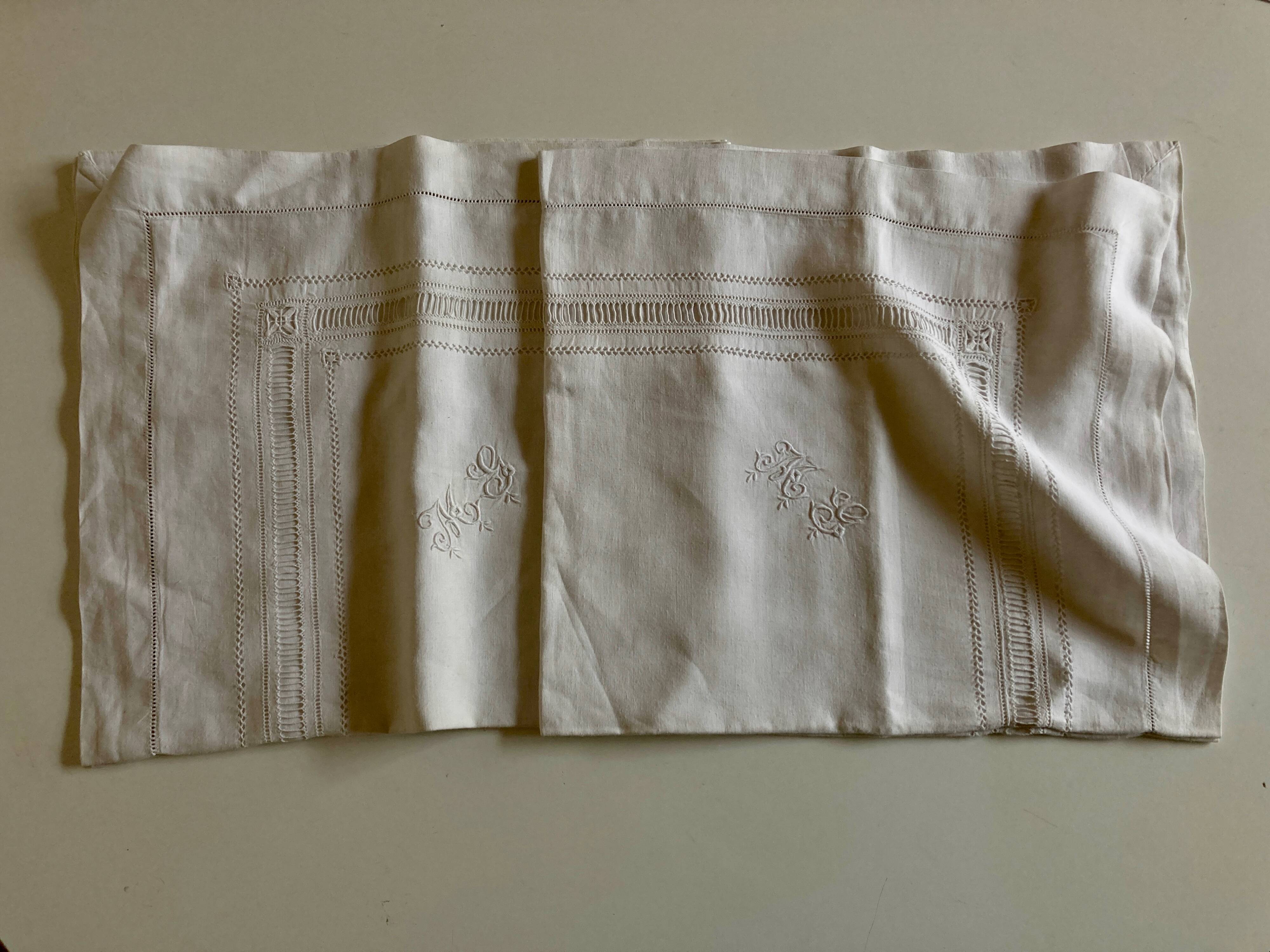 Pair of 19th century trousseau pillowcases in Louis Philippe linen thread