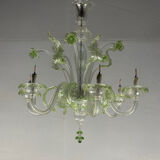 Venetian chandelier in colorless and green Murano glass, 6 light arms circa 1940