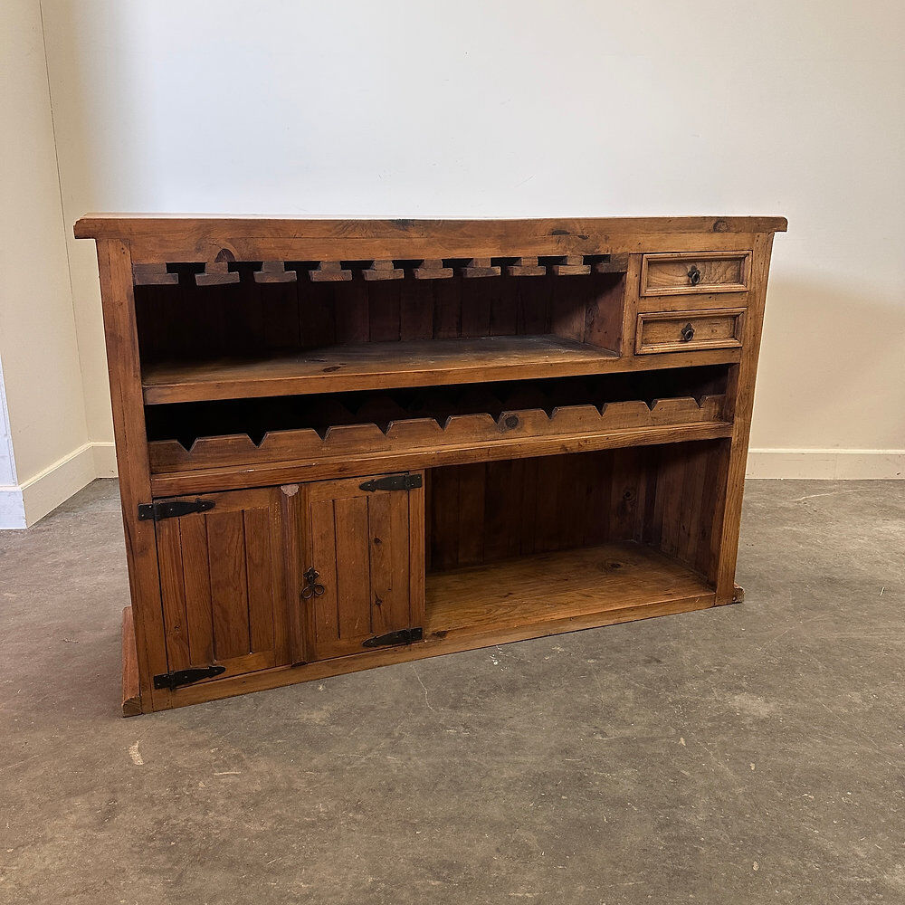 Rustic solid wood bar counter with 4 matching stools – wine rack & storage