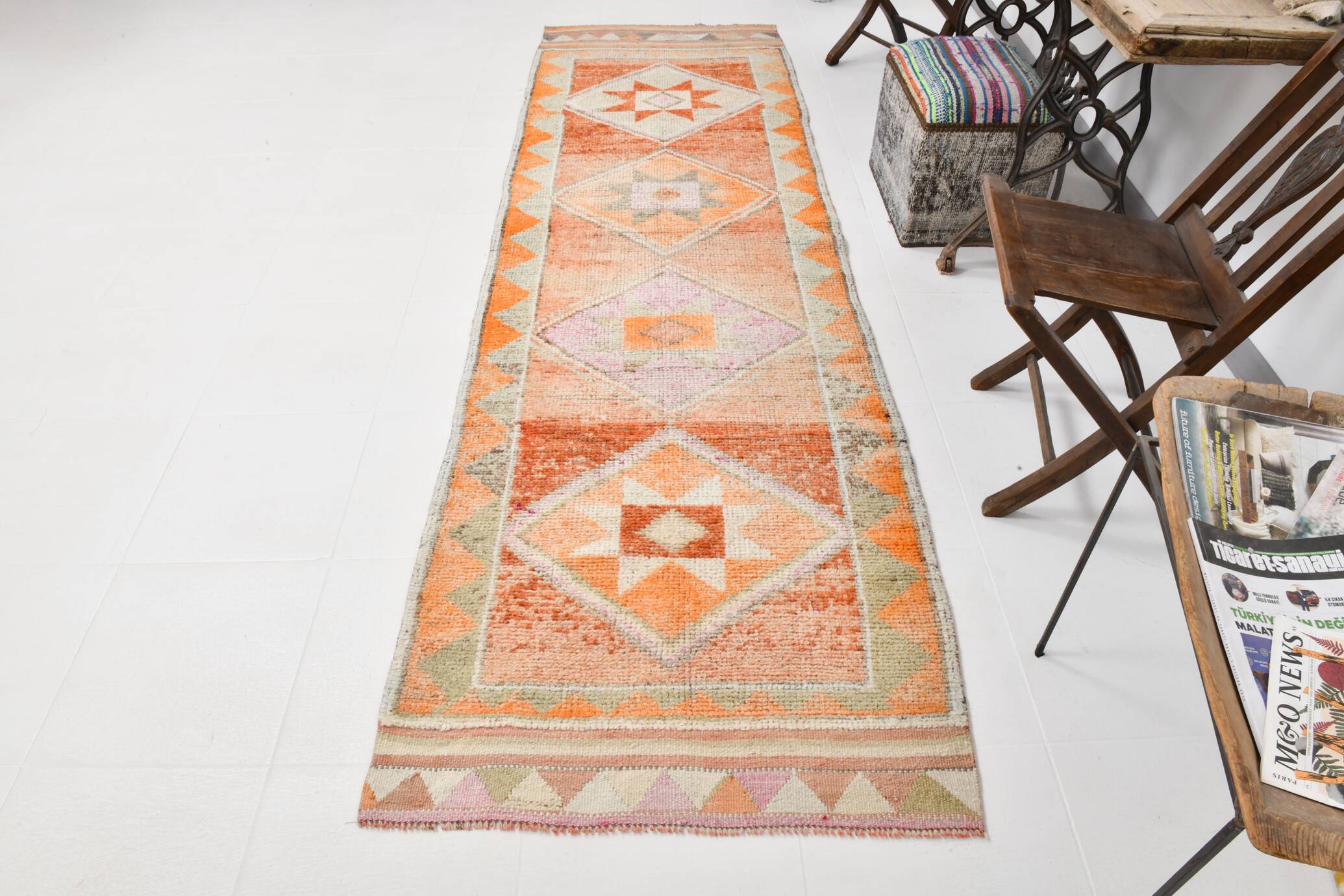 3x10 Orange & Beige Persian Vintage Runner Rug, 94x317Cm SK 22040