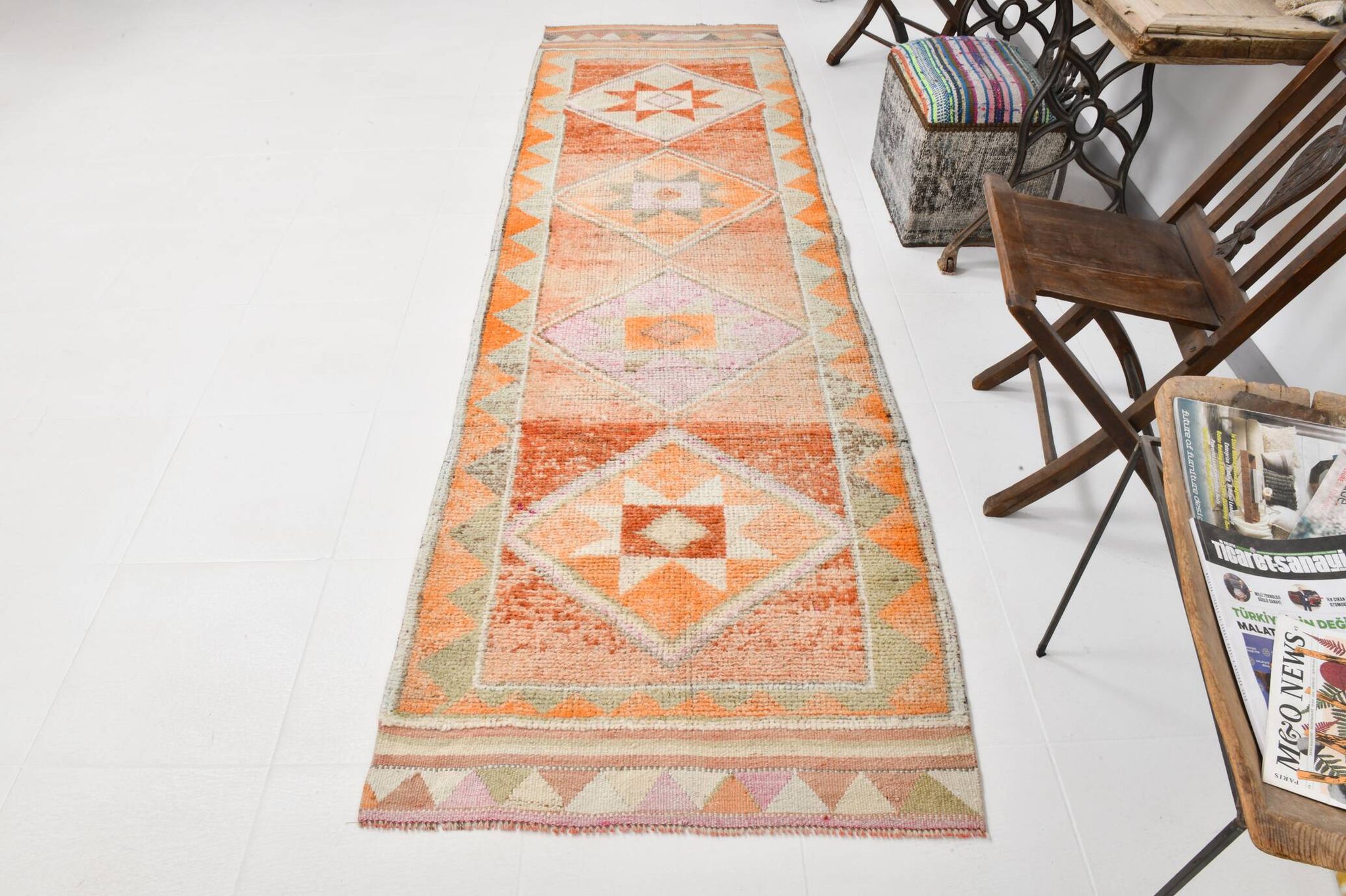 3x10 Orange & Beige Persian Vintage Runner Rug, 94x317Cm SK 22040