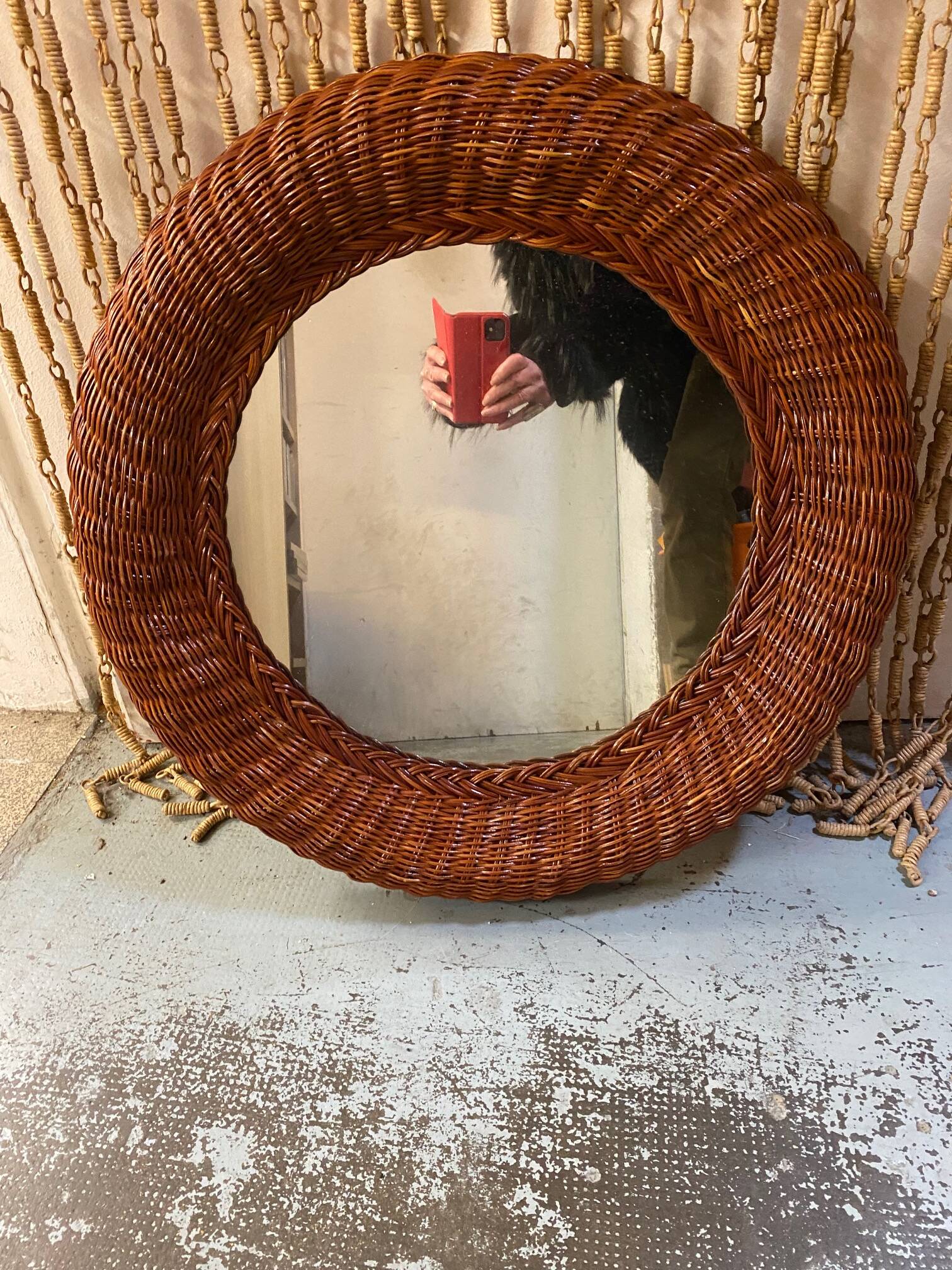 Old vintage round braided wicker mirror 1970s