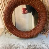 Old vintage round braided wicker mirror 1970s