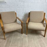 Pair of beige gray armchairs in solid wood origin Eastern countries, 70s-80s