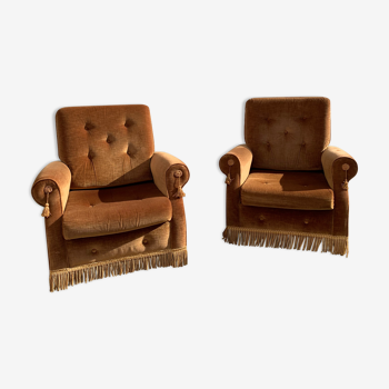 Pair of toad armchairs in old gold velvet
