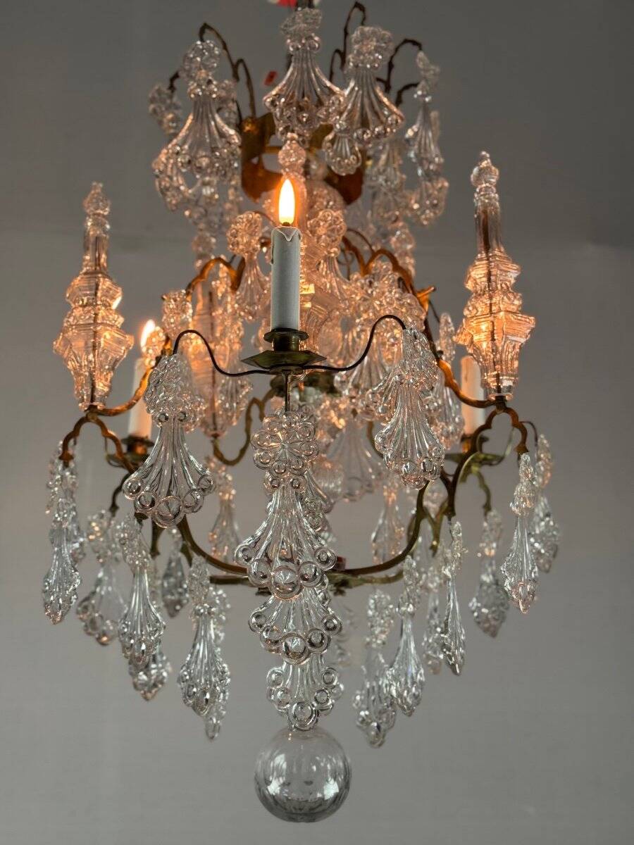 Cage chandelier, molded glass and bronze pendants, circa 1800