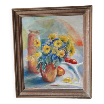 Ancient painting depicting a bouquet of flowers.