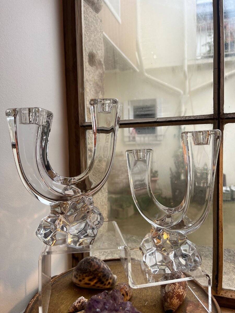 Pair of crystal candlesticks Art Vannes France