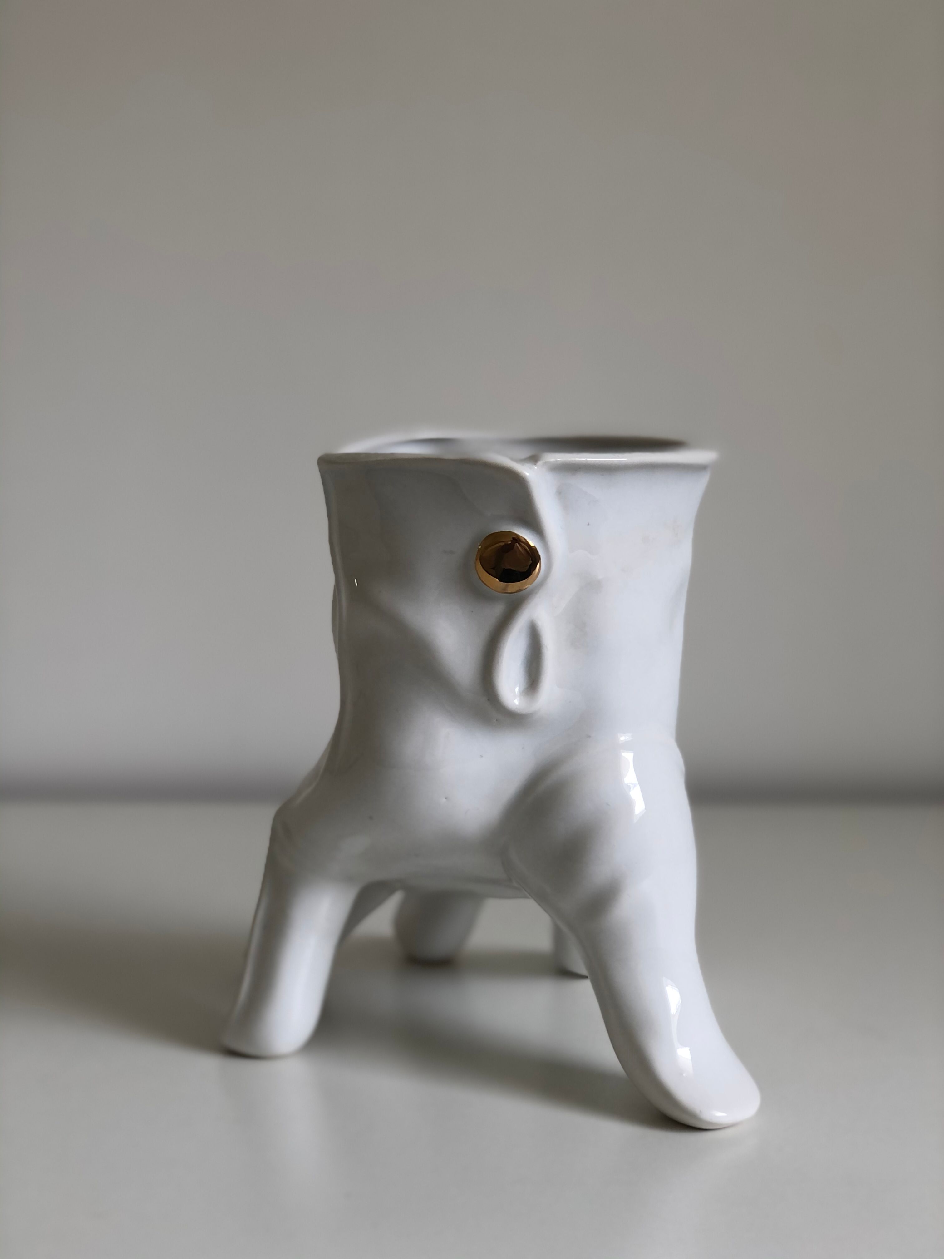 Surreal ceramic vase in the shape of a white glove by Leo Bonassera., 1970